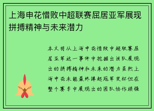 上海申花惜败中超联赛屈居亚军展现拼搏精神与未来潜力